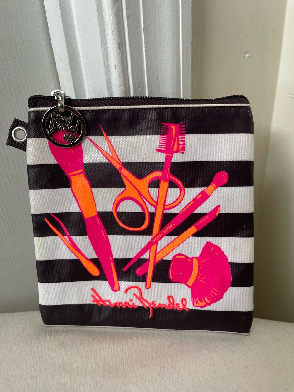 Stunning Black & White Stripe Cosmetic Pouch with Neon Pink Tools